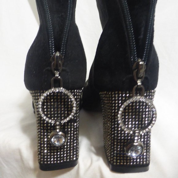 Black suede boots with rhinestones detail on the heel and on the zip pull charm - Picture 8 of 14